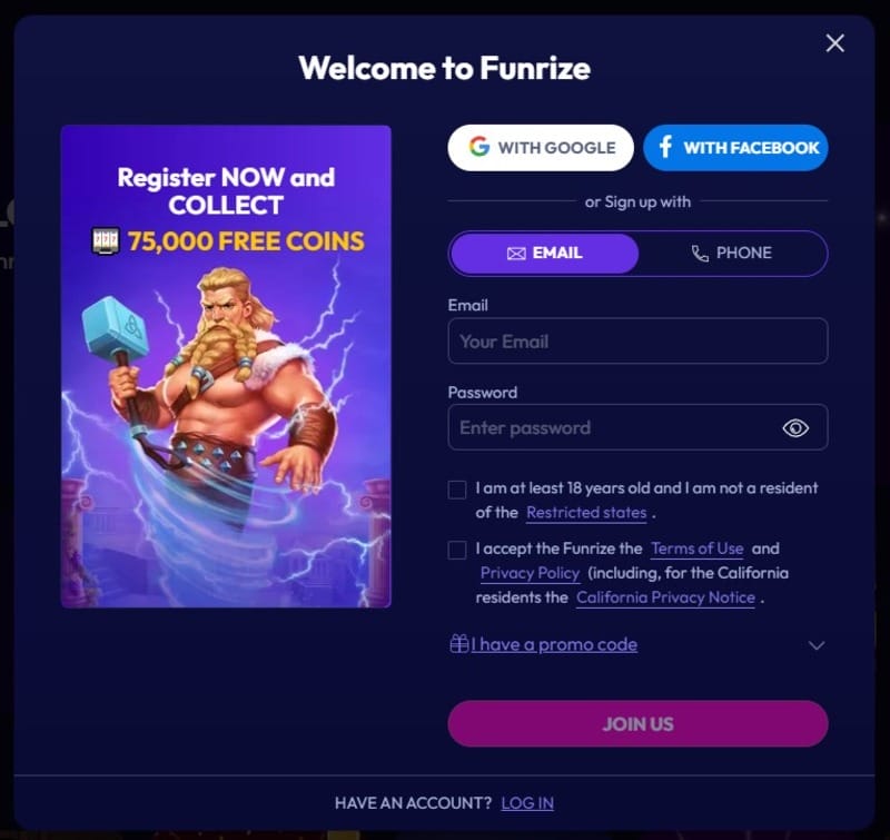 funrize social casino signup image