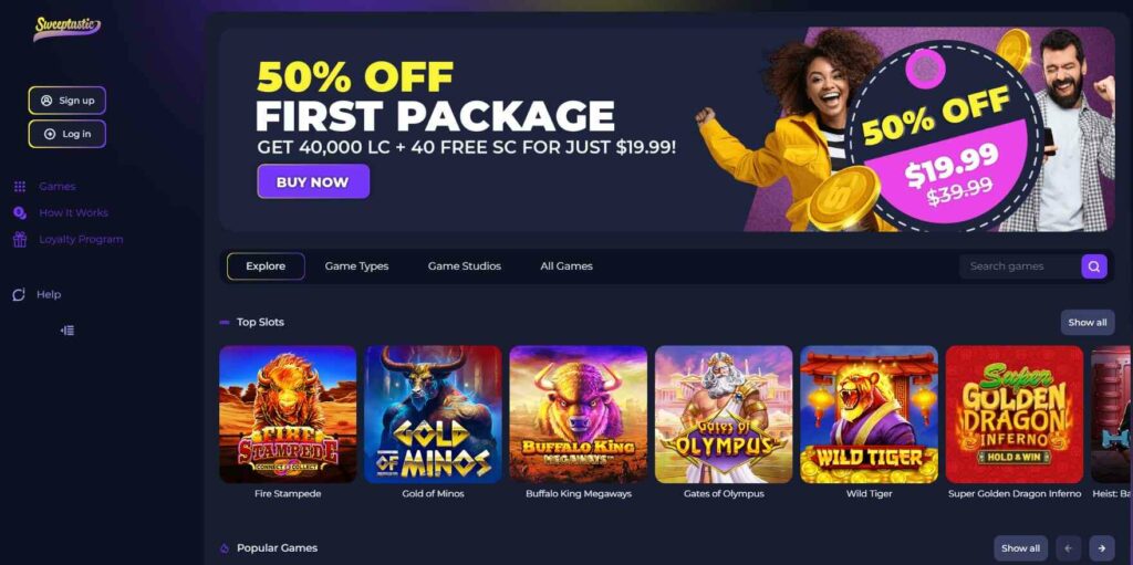 Sweeptastic Casino Homepage Image