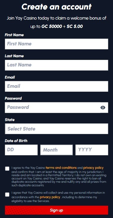 Yay Casino Signup Image