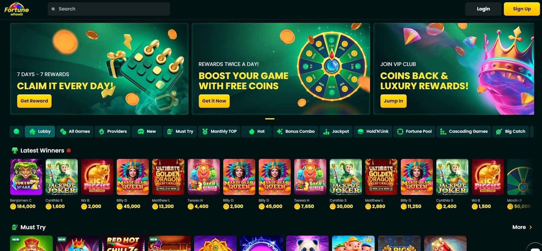 Fortune Wheelz Casino Homepage Image