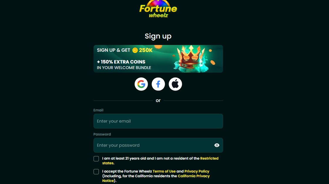 Fortune Wheelz Casino Sign Page