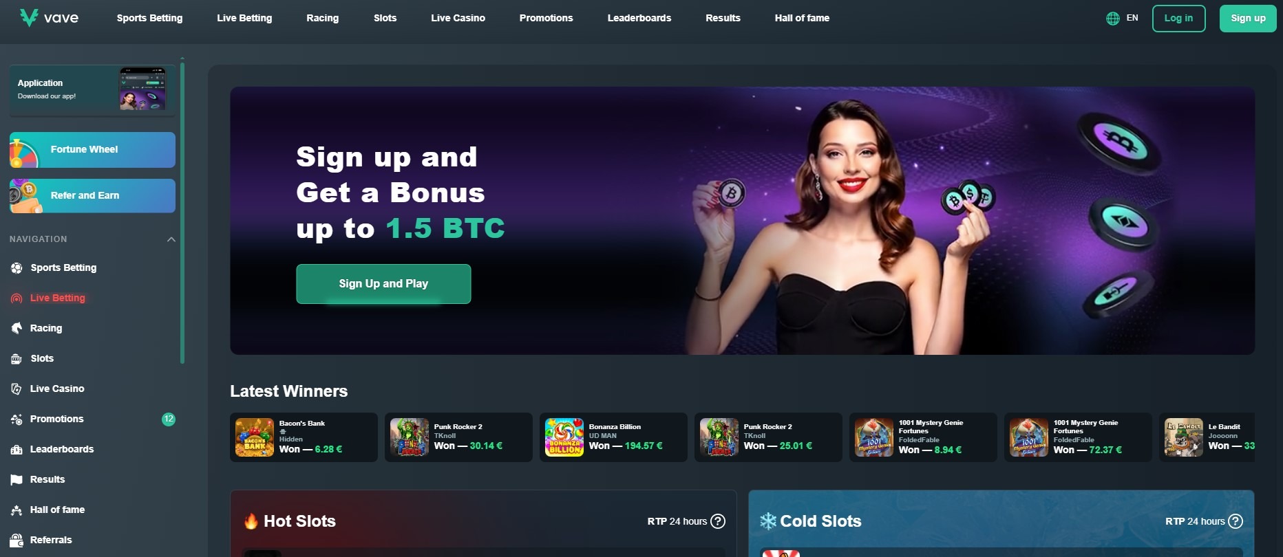 Vave Casino Homepage Image