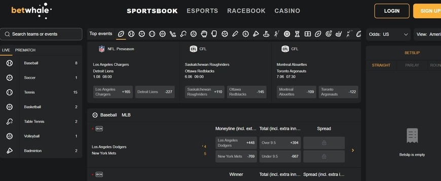 Betwhale Casino Sportsbook Page