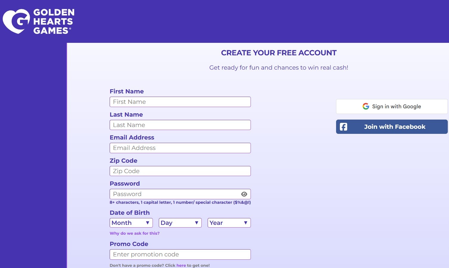 Golden Hearts Games Casino Claim Page